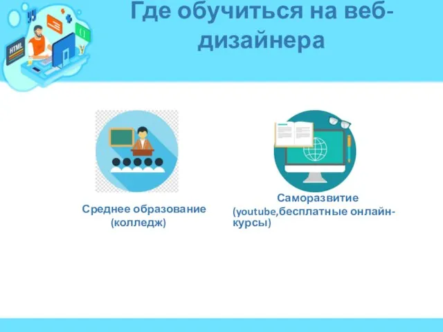 Где обучиться на веб-дизайнера Среднее образование (колледж) Саморазвитие (youtube,бесплатные онлайн-курсы)