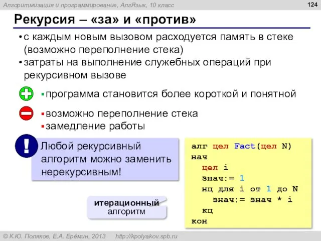 Рекурсия – «за» и «против» с каждым новым вызовом расходуется память в