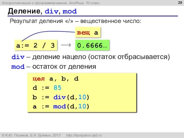 Деление, div, mod Результат деления «/» – вещественное число: a:= 2 /