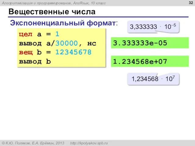 Вещественные числа Экспоненциальный формат: цел a = 1 вывод a/30000, нс вещ