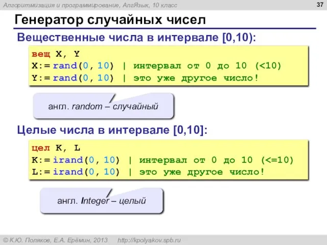 Генератор случайных чисел Вещественные числа в интервале [0,10): вещ X, Y X:=