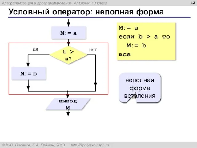 Условный оператор: неполная форма неполная форма ветвления M:= a если b >