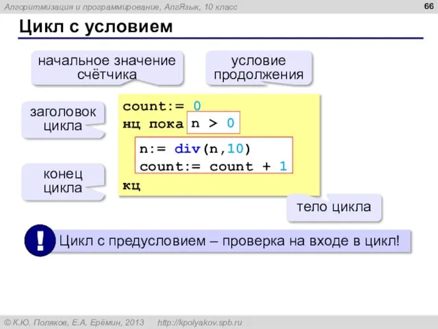 Цикл с условием count:= 0 нц пока кц n:= div(n,10) count:= count