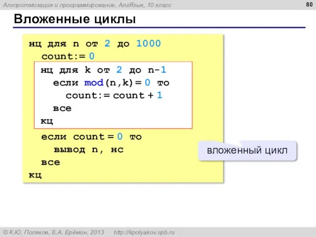 Вложенные циклы нц для n от 2 до 1000 count:= 0 если