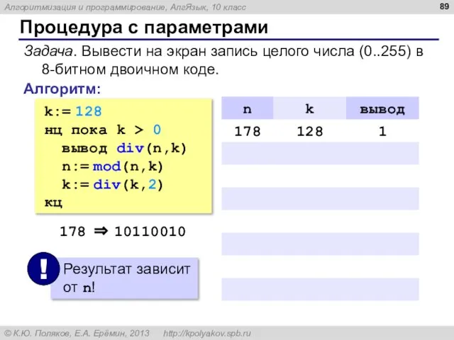 Процедура с параметрами Задача. Вывести на экран запись целого числа (0..255) в