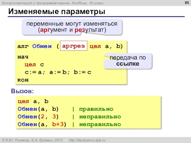 Изменяемые параметры алг Обмен ( цел a, b) нач цел c c:=