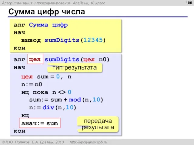 Сумма цифр числа алг Сумма цифр нач вывод sumDigits(12345) кон алг sumDigits(цел