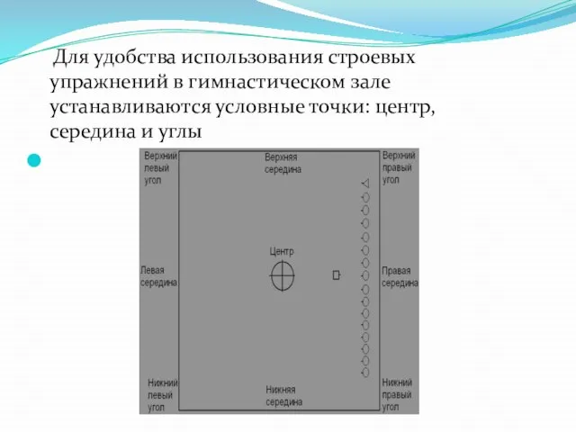 Для удобства использования строевых упражнений в гимнастическом зале устанавливаются условные точки: центр, середина и углы