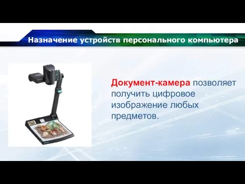 Назначение устройств персонального компьютера Документ-камера позволяет получить цифровое изображение любых предметов.