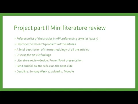 Project part II Mini literature review Reference list of the articles in