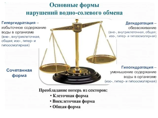 Гипергидратация –избыточное содержание воды в организме (вне-, внутриклеточная, общая; изо-, гипер- и