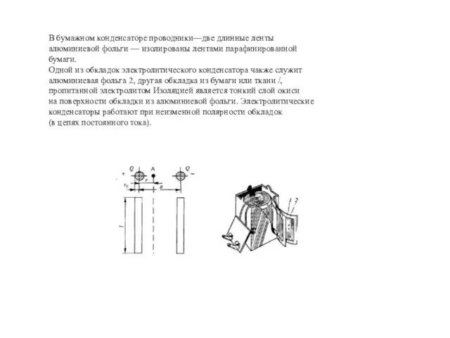 В бумажном конденсаторе проводники—две длинные ленты алюминиевой фольги — изолированы лентами парафинированной