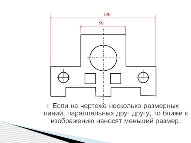 Если на чертеже несколько размерных линий, параллельных друг другу, то ближе к изображению наносят меньший размер.