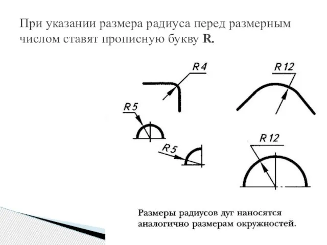 При указании размера радиуса перед размерным числом ставят прописную букву R.