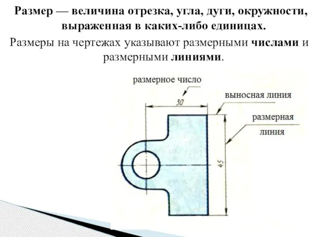 Размер — величина отрезка, угла, дуги, окружности, выраженная в каких-либо единицах. Размеры