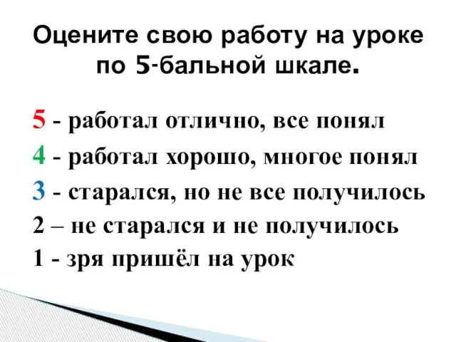 5 - работал отлично, все понял 4 - работал хорошо, многое понял