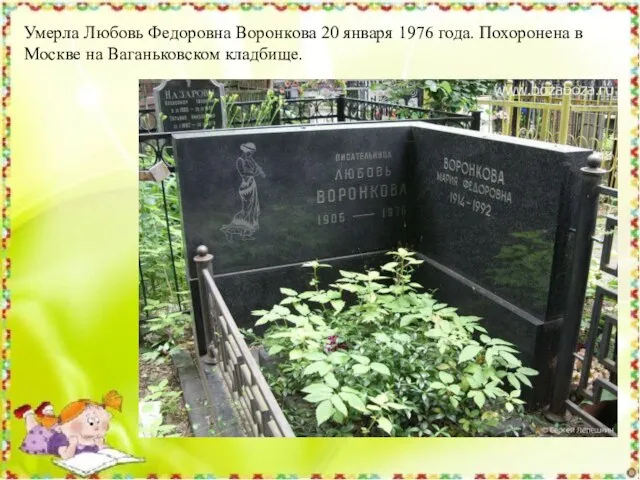 Умерла Любовь Федоровна Воронкова 20 января 1976 года. Похоронена в Москве на Ваганьковском кладбище.