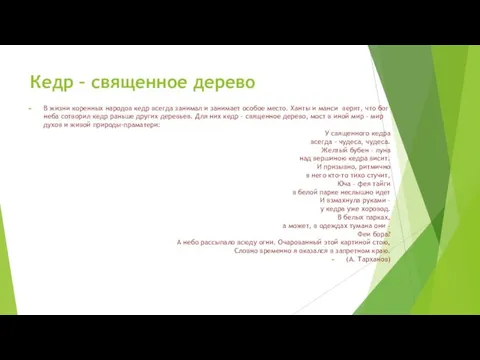 Кедр – священное дерево В жизни коренных народов кедр всегда занимал и