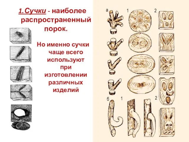 1.Сучки - наиболее распространенный порок. Но именно сучки чаще всего используют при изготовлении различных изделий