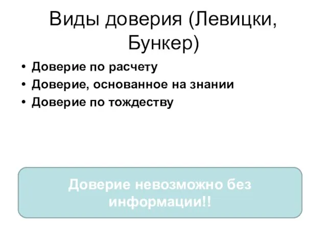 Виды доверия (Левицки, Бункер) Доверие по расчету Доверие, основанное на знании Доверие