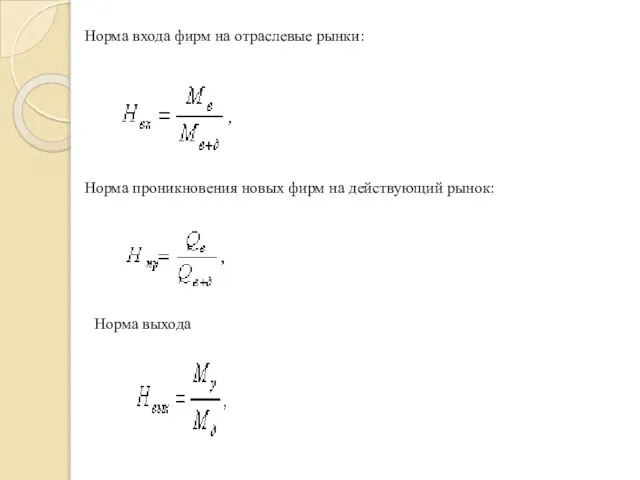 Норма входа фирм на отраслевые рынки: Норма проникновения новых фирм на действующий рынок: Норма выхода