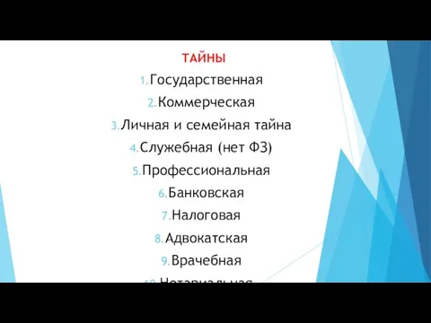 ТАЙНЫ Государственная Коммерческая Личная и семейная тайна Служебная (нет ФЗ) Профессиональная Банковская