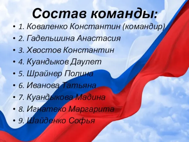 Состав команды: 1. Коваленко Константин (командир) 2. Гадельшина Анастасия 3. Хвостов Константин