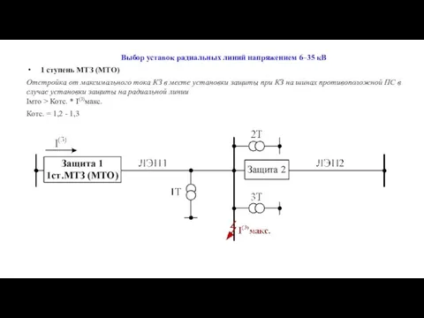 Выбор уставок радиальных линий напряжением 6–35 кВ 1 ступень МТЗ (МТО) Отстройка