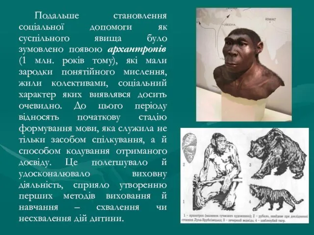 Подальше становлення соціальної допомоги як суспільного явища було зумовлено появою архантропів (1