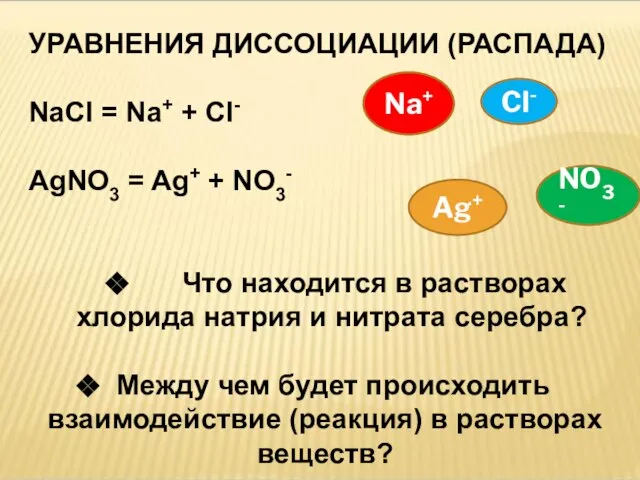 УРАВНЕНИЯ ДИССОЦИАЦИИ (РАСПАДА) NaCl = Na+ + Cl- AgNO3 = Ag+ +