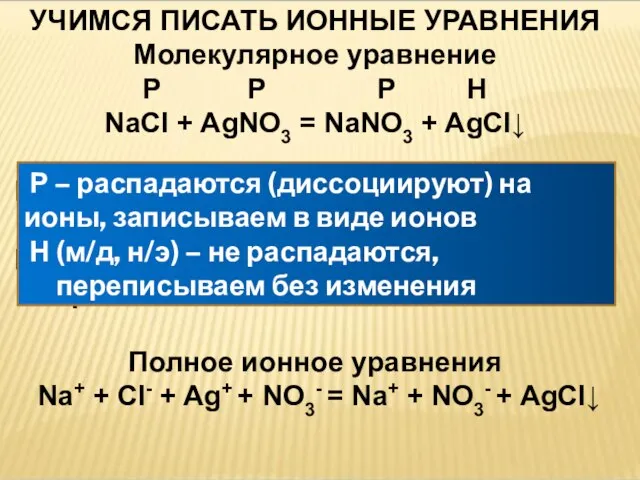 УЧИМСЯ ПИСАТЬ ИОННЫЕ УРАВНЕНИЯ Молекулярное уравнение Р Р Р Н NaCl +