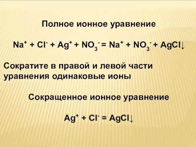 Полное ионное уравнение Na+ + Cl- + Ag+ + NO3- = Na+