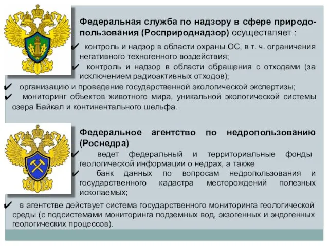 Федеральная служба по надзору в сфере природо-пользования (Росприроднадзор) осуществляет : контроль и