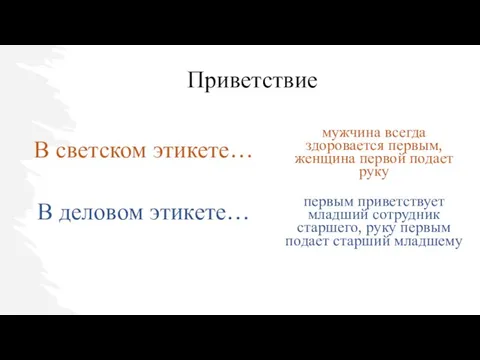 В светском этикете… В деловом этикете… мужчина всегда здоровается первым, женщина первой