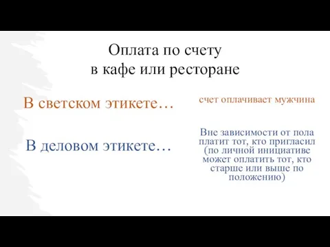 В светском этикете… В деловом этикете… счет оплачивает мужчина Вне зависимости от