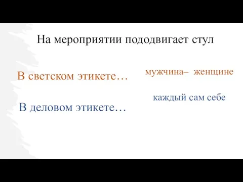 В светском этикете… В деловом этикете… мужчина– женщине каждый сам себе На мероприятии пододвигает стул