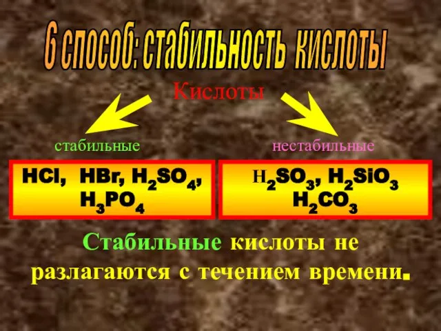 6 способ: стабильность кислоты Кислоты стабильные нестабильные HCl, HBr, H2SO4, H3PO4 Н2SO3,