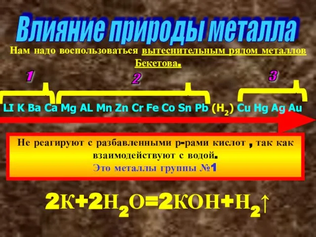 Влияние природы металла Нам надо воспользоваться вытеснительным рядом металлов Бекетова. LI K