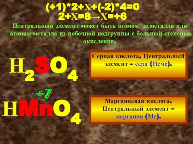 (+1)*2+Х+(-2)*4=0 2+Х=8→Х=+6 Центральный элемент может быть атомом неметалла или атомом металла из