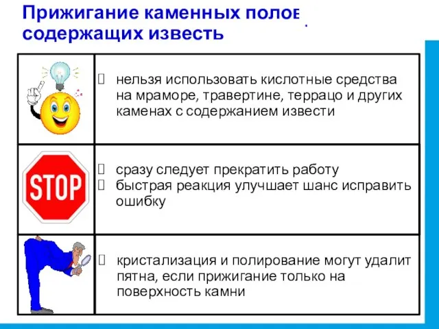 нельзя использовать кислотные средства на мраморе, травертине, террацо и других каменах с