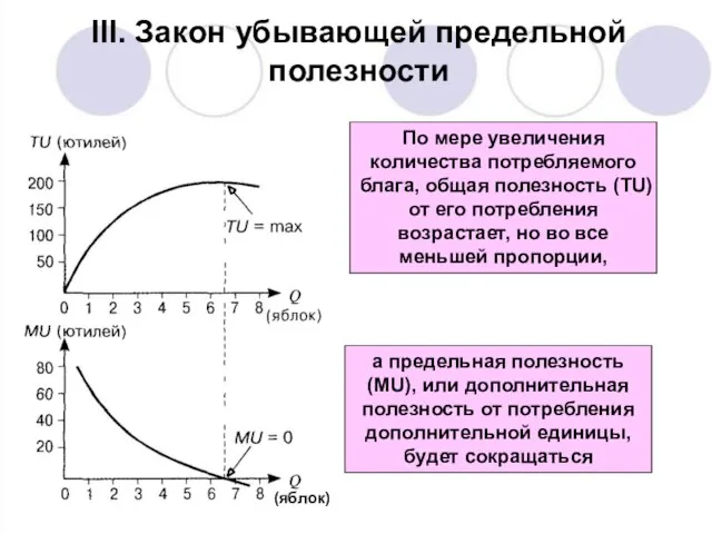 III. Закон убывающей предельной полезности По мере увеличения количества потребляемого блага, общая