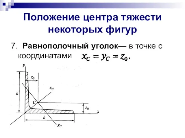 Положение центра тяжести некоторых фигур 7. Равнополочный уголок— в точке с координатами