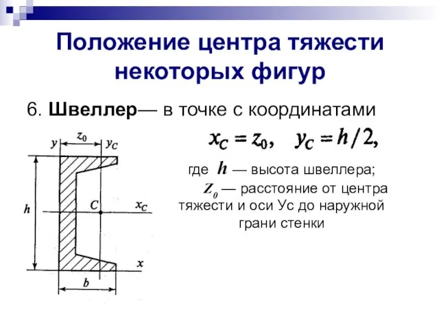 Положение центра тяжести некоторых фигур 6. Швеллер— в точке с координатами где