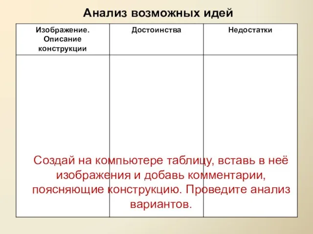 Анализ возможных идей Создай на компьютере таблицу, вставь в неё изображения и