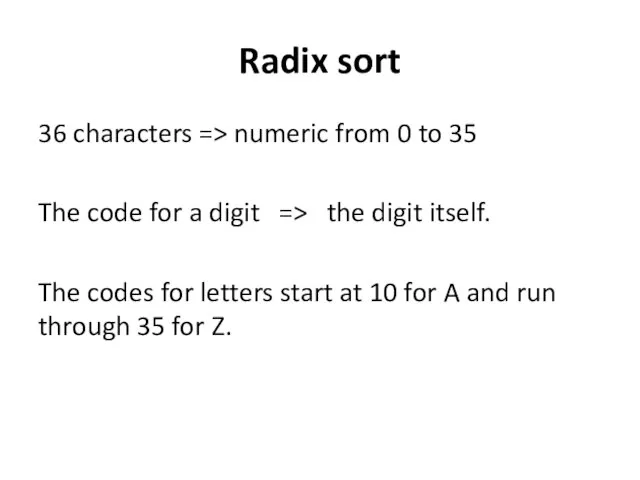 Radix sort 36 characters => numeric from 0 to 35 The code