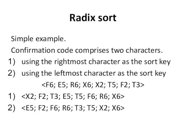 Radix sort Simple example. Confirmation code comprises two characters. using the rightmost