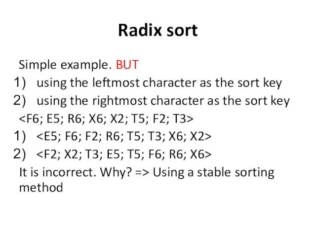 Radix sort Simple example. BUT using the leftmost character as the sort