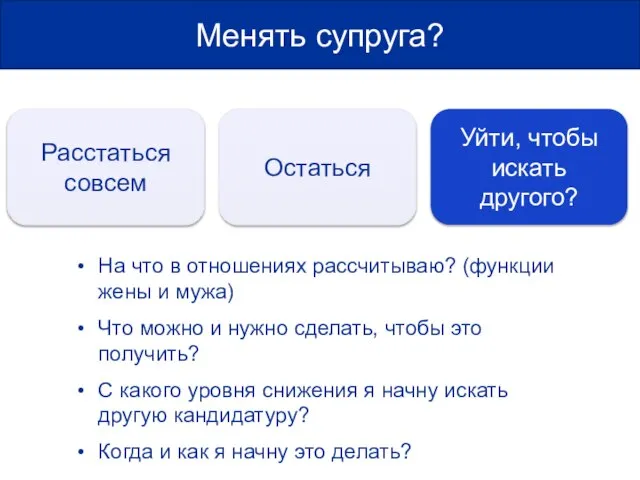 Менять супруга? Расстаться совсем Остаться На что в отношениях рассчитываю? (функции жены