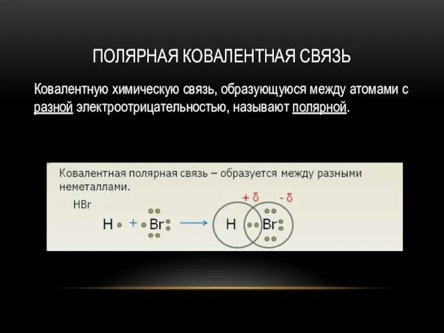 ПОЛЯРНАЯ КОВАЛЕНТНАЯ СВЯЗЬ Ковалентную химическую связь, образующуюся между атомами с разной электроотрицательностью, называют полярной.