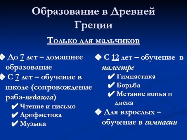 Образование в Древней Греции Только для мальчиков До 7 лет – домашнее